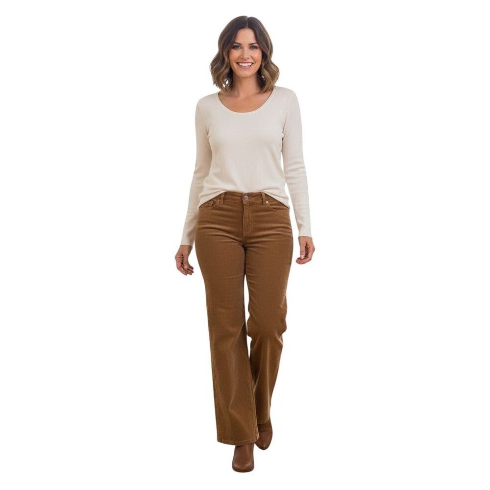 Suzanne Betro Wide Leg Caramel Corduroy Pants Embroidered Pockets Size 12